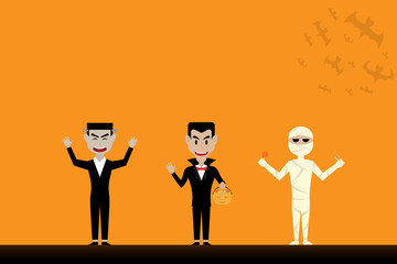 lighting pumpkin on the table with orange background and bat on the corner.vector and illustration