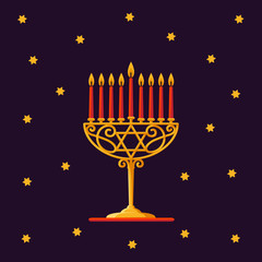 Happy Hanukkah. Gold menorah with red candles and stars on dark background for your greeting card design.