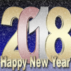 Stock Illustration - Snowing, Golden Happy New Year, Golden 2018, 3D Illustration, Gradient Blue Background.