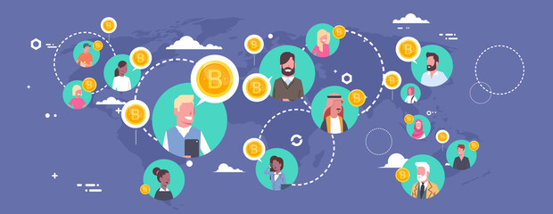 People Buying Bitcoins Over World Map Modern Digital Money Network Crypto Currency Concept Vector Illustration