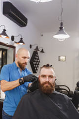 Male professional hairdresser serving client by clipper. Ginger handsome brutal stylish young man with thick big beard and short hair getting trendy haircut in black cape. Light white barber shop room