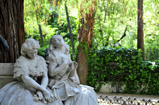 Detail of the beautiful monument dedicated to poet Gustavo Adolfo Becquer located in the north of the Maria Luisa Park in Seville, Spain.