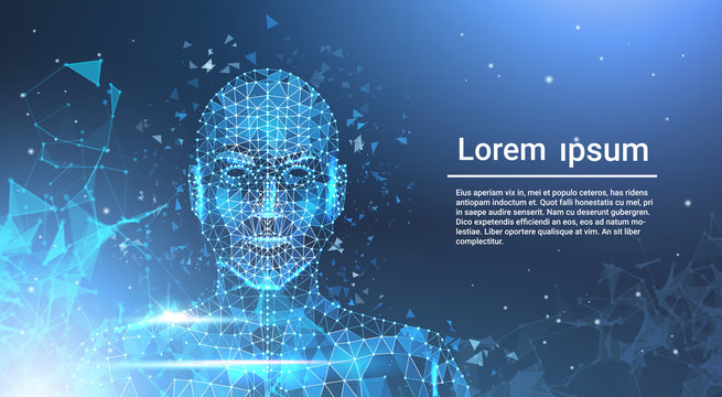 Low Polygon Human Face Wireframe Mash On Blue Template Background With Copy Space Vector Illustration