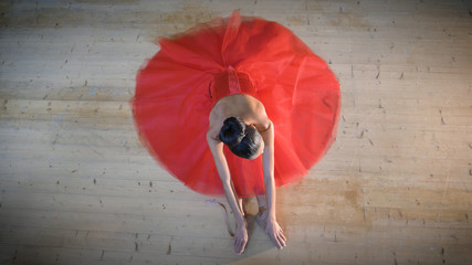 Portrait of a beautiful light ballerina, in a lush red dress, sits on a stone pier, tender....