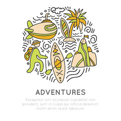 Travel outdoor adventure hand draw icon concept. Sketched icons about travelling, kayaking, hikking and tropical beach in round form with decorative elements. Traveling icon set about adventure and