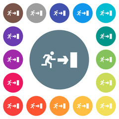 Exit sign flat white icons on round color backgrounds
