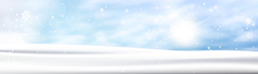 Winter Background Horizontal Banner Snow White Landscape Blue Sky Snowfall Flat Vector Illustration