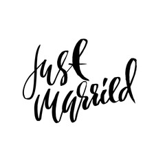 Just married. Dry brush lettering. Hand drawn calligraphy card. Modern typography poster. Vector illustration.