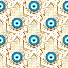 Background with stars and ornate hamsa, obereg against the evil eye and spoilage