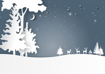 Nature landscape of night forest and deers family on snow winter background.For merry christmas and happy new year paper art style.Vector illustration.