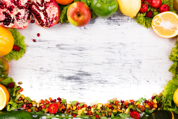 Fruits and vegetables frame. Copy space. Vegan. Clear food.