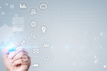 Business and technology concept. Graphs and icons on virtual screen.