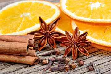 Sliced of dried orange with star anise clove and cinnamon sticks