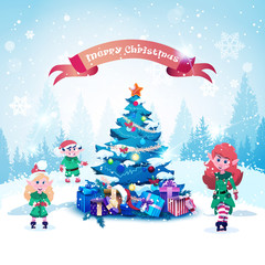 Cute Elfs Near Decorated Christmas Tree Over Winter Forest Landscape Holiday Greeting Card Flat Vector Illustration