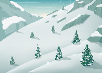 Obraz premium Winter landscape with snow trees and mountains. Winter holidays. Vector