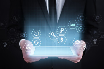 Virtual screen interface with applications icons. APPS. Work Business process in modern office. Strategy planning  Internet technology concept.