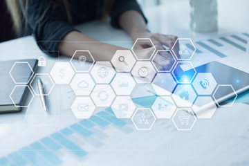 Virtual screen interface with applications icons. APPS. Work Business process in modern office. Strategy planning  Internet technology concept.