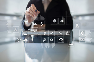 Virtual screen interface with applications icons. APPS. Work Business process in modern office. Strategy planning  Internet technology concept.