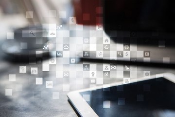 Virtual screen interface with applications icons. APPS. Work Business process in modern office. Strategy planning  Internet technology concept.