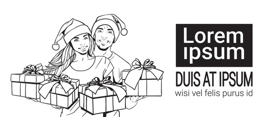 Sketch Couple Wearing Santa Hats Hold Gifts Man And Woman Hand Drawn Over White Background With Copy Space Vector Illustration