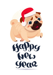 Pug Dog In Santa Hat On Happy New Year Greeting Card Holiday Banner Flat Vector Illustration