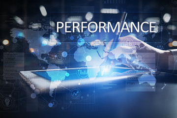 Performance indicator on virtual screen. KPI. Business growth strategy.