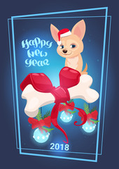 Happy New Year 2018 Greeting Card With Cute Dog Holding Decorated Bone Flat Vector Illustration