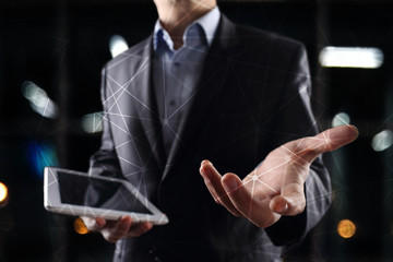 Flying network sphere 3D background. Business technology and internet concept. Modern virtual screen interface.