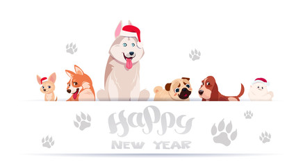 Group Of Cute Dogs Sitting On White Background With Foot Prints Wearing Santa Hat Asian Happy New Year 2018 Banner Flat Vector Illustration