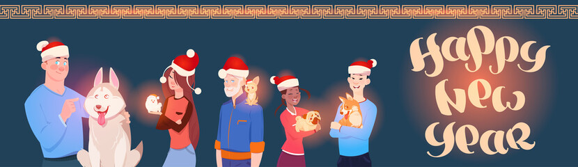 Winter Holidays Horizontal Banner With Group Of People Wearing Santa Hats With Cute Dog Happy New Year Lettering On Blue Background Flat Vector Illustration