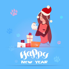 Woman In Santa Hat Holding Cute Pomerian Dog Winter Holidays 2018 Banner New Year Greeting Card Design Flat Vector Illustration