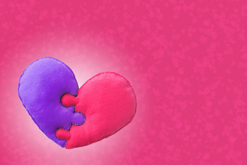 Heart shape made of two felt details, symbol of perfect soul mates
