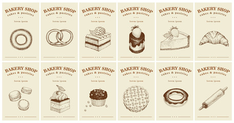 Labels with pastries and desserts. Set templates price tags for bakery shop. Vector retro illustrations in hand drawn style - obrazy, fototapety, plakaty