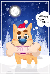 Happy New Year Greeting Card With Dog In Santa Hat Holding Christmas Bone 2018 Symbol Over Night Winter Woods Flat Vector Illustration