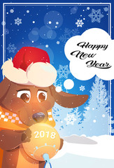 Happy New Year Greeting Card With Dog In Santa Hat Holding Christmas Ball Over Winter Forest Landscape Flat Vector Illustration