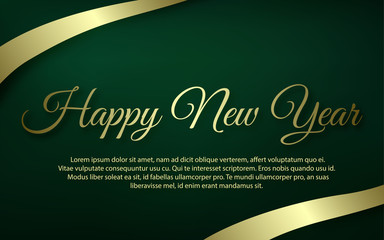 Turquoise Happy New Year illustration, a beautiful holiday green banner with gold ribbons and shadows, vector eps10