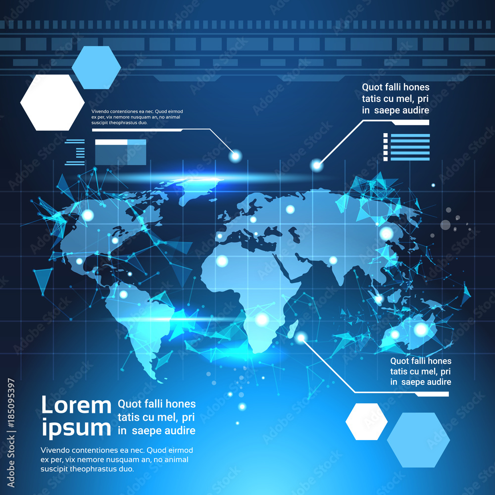 Poster world map background, set of computer futuristic infographic elements tech template charts and graph