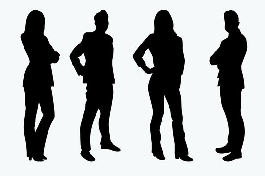 Vector People silhouette of businessman and businesswoman standing. Black color man and woman. Group isolated on white background