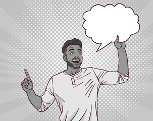 Sketch Man Pointing Finger Up To Cloud Bubble Pop Art Style Pin Up Background Vector Illustration