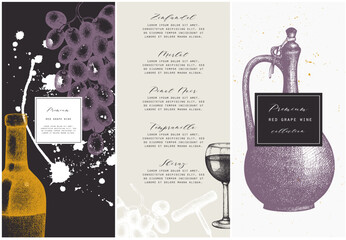 Vintage wine list.  Vector illustration with wine glass, grapes, bottle. Hand drawn alcoholic drink template. Bar menu design - obrazy, fototapety, plakaty