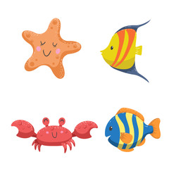 Set of tropical sea and ocean animals. Starfish, crab and  different color tropic fishes. Wildlife vector illustration icons.
