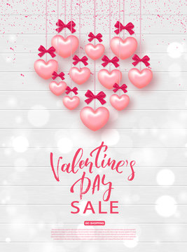 Valentine's day sale banner. Beautiful Background with Realistic Hearts on Wooden Texture. Vector illustration for website , posters, email and newsletter designs, ads, coupons, promotional material.