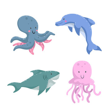 Cartoon trendy design different sea and ocean animals set. Isolated vector illustration. Octopus, dolphin, shark, jellyfish.