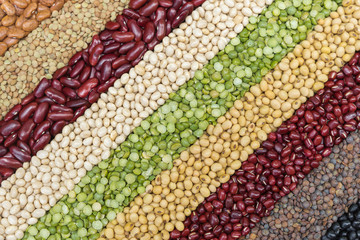 Multicolor dried legumes for diagonal background, Different dry bean for eating healthy