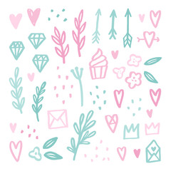 Cute romantic doodle drawings. Hand drawn vector illustration