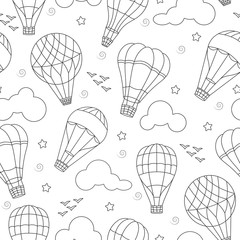 Seamless background with balloons , clouds, birds and stars ,dark contours on white background