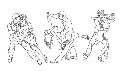 Salsa party poster. Set of elegant couple dancing salsa.Retro style. Outline silhouettes of people dancing salsa and musicians playing latin music.Cuba club. Couple dancing salsa