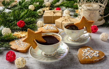 Christmas festive card with fir branches and festive decor