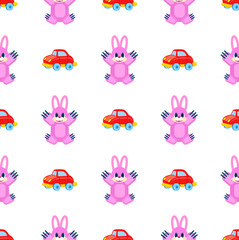 Pink Hares and Red Cars Seamless Pattern on White