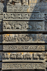 Reliefs on the outer wall of the Hoysaleswara Temple, Hoysala style, Halebidu, Karnataka,